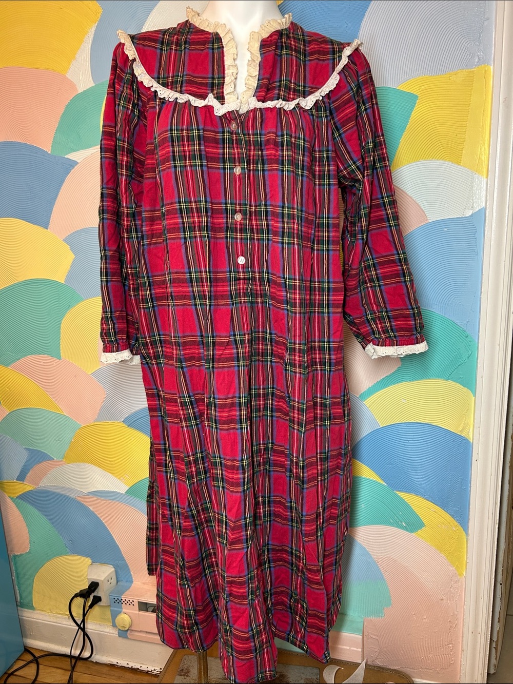 Vintage Lanz of Salzburg Red Plaid Nightgown Lace Trim 100% cotton sz M